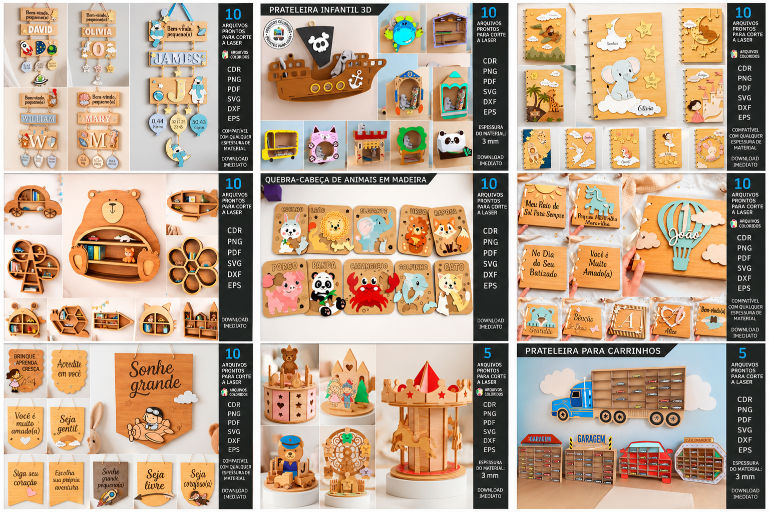 Prateleiras 3D, cadernos personalizados e brinquedos em MDF