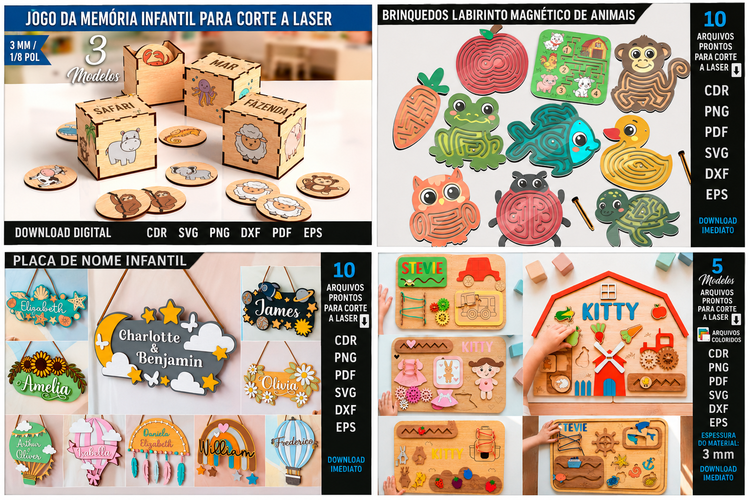Jogos da memória, labirintos e placas de nome infantis
