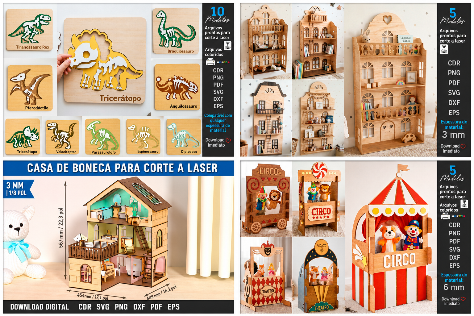 Quebra-cabeças de dinossauros, casa de boneca e teatrinho de circo